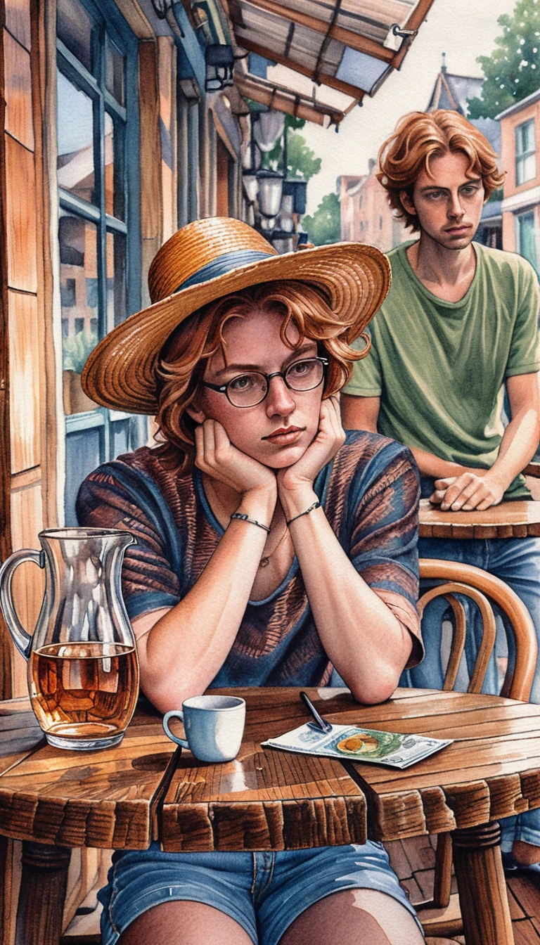 Donna con cappello di paglia a un tranquillo tavolino di caffè all’aperto