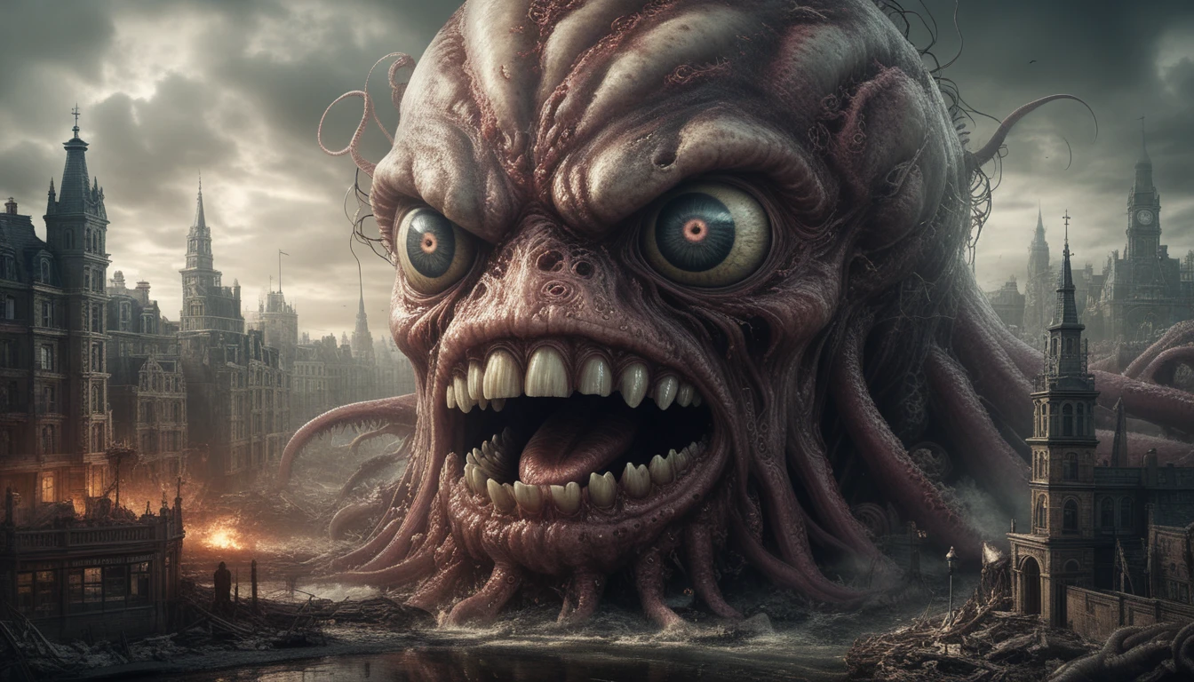 Monstro colossal com tentáculos devorando uma cidade vitoriana