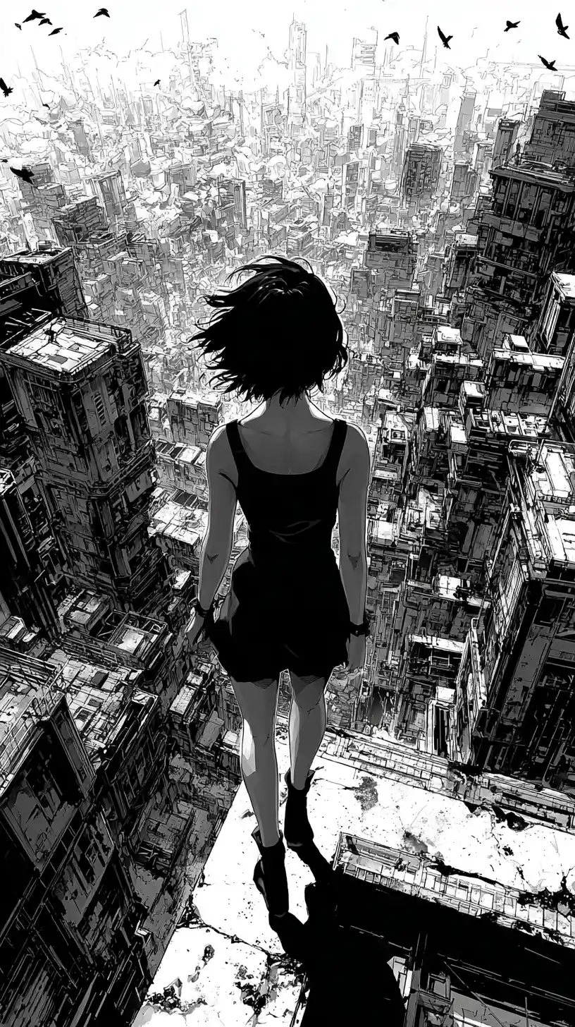 Anime woman on rooftop ledge above dystopian city