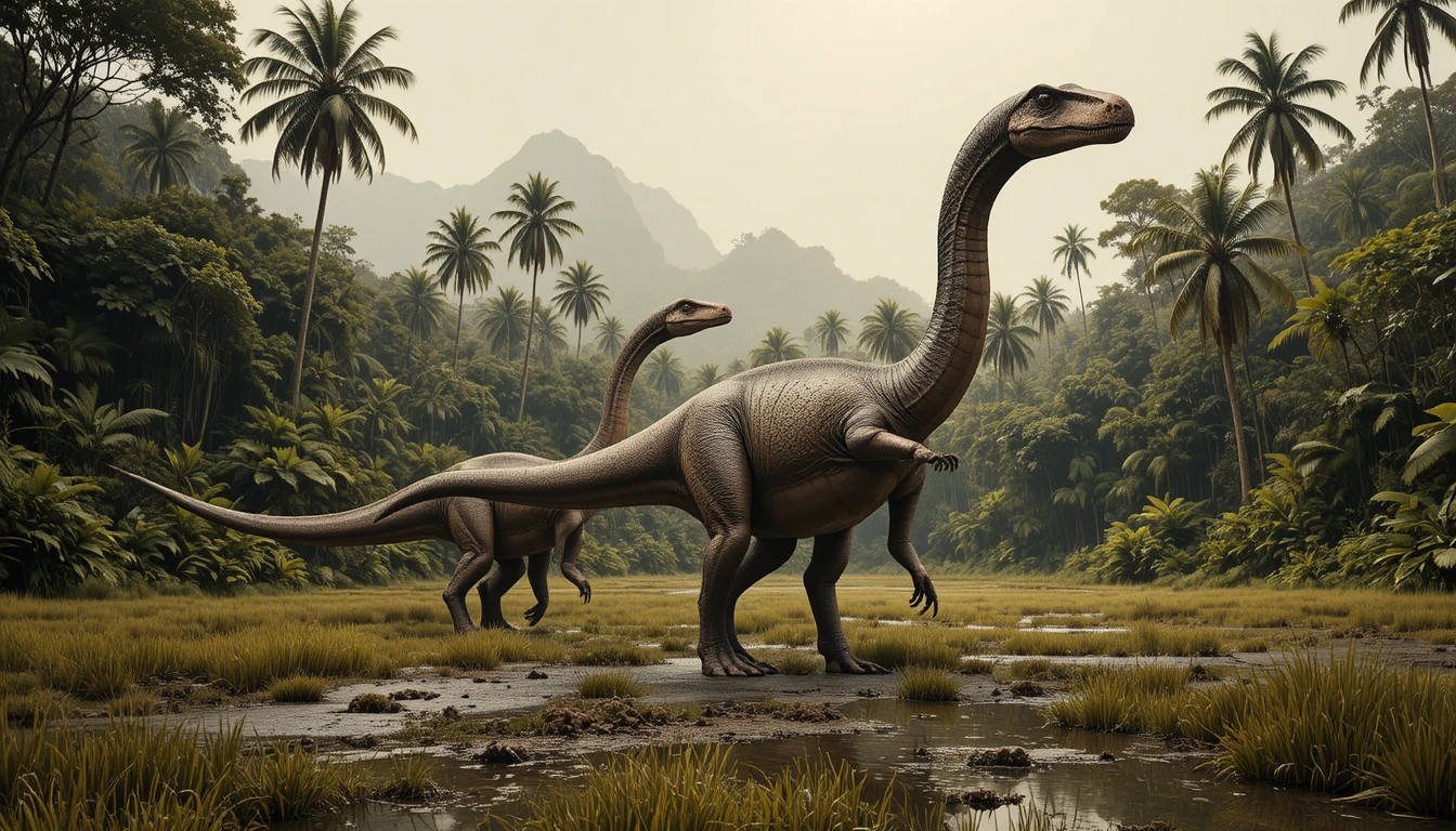 Dois gigantes dinossauros saurópodes percorrem uma selva pré-histórica envolta em névoa