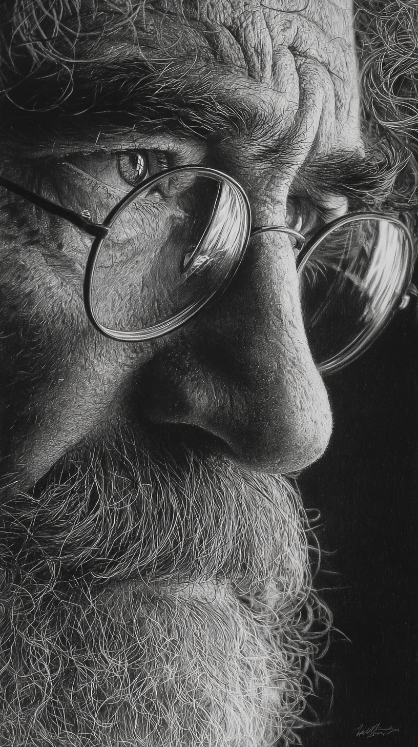 Retrato detalhado a lápis de um homem idoso em close