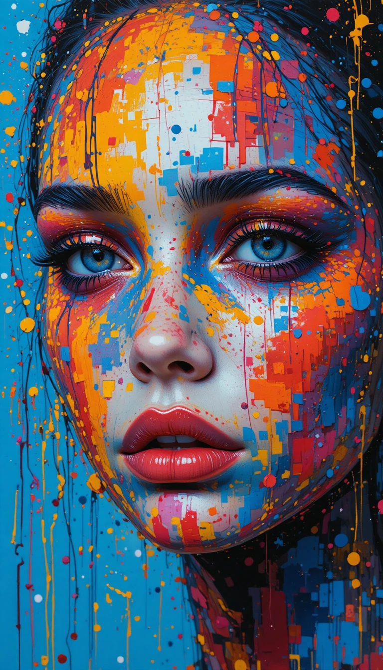 Colorful abstract portrait of a woman with pixelated paint