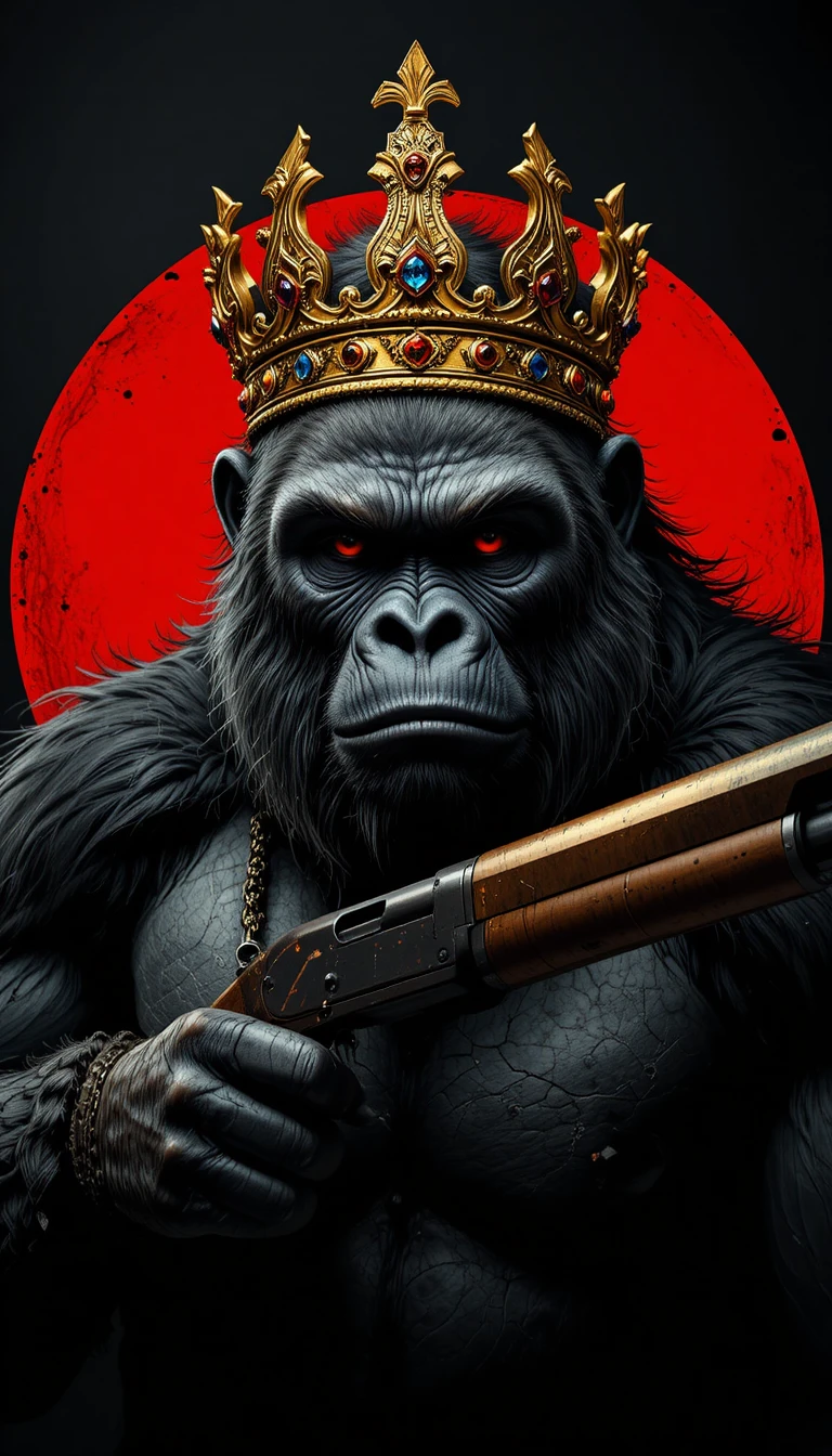 Gorilla mit goldener Krone und Schrotflinte auf rotem Kreis
