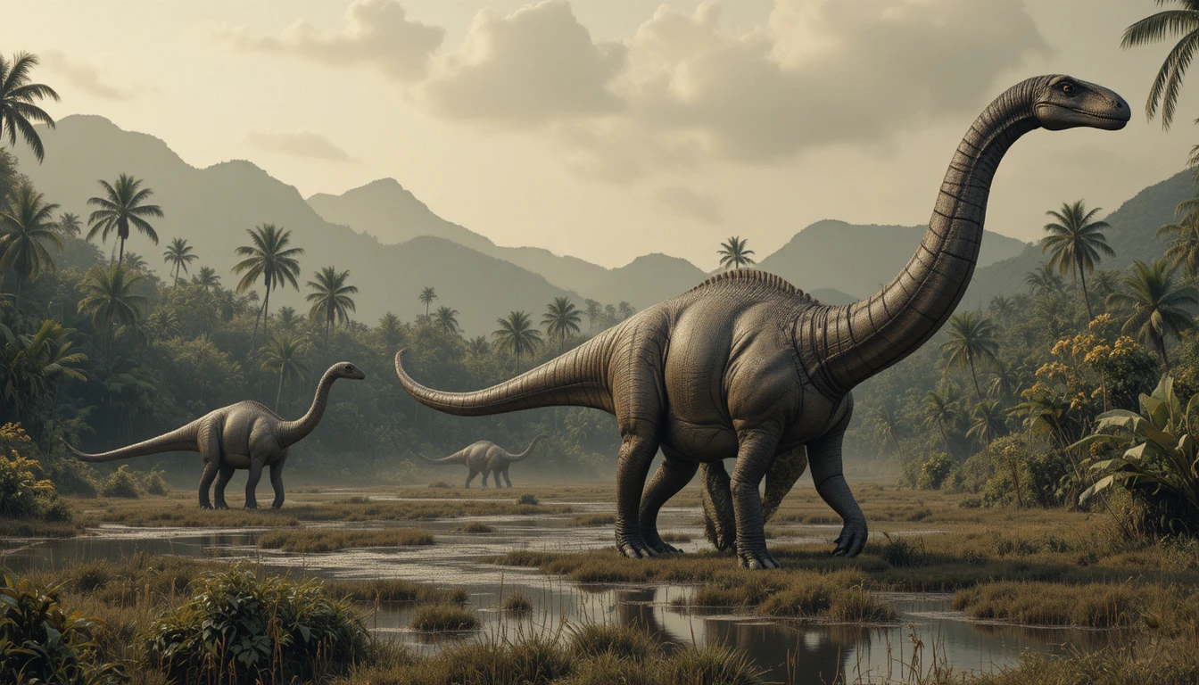 Dois dinossauros saurópodes gigantes em uma selva pré-histórica enevoada