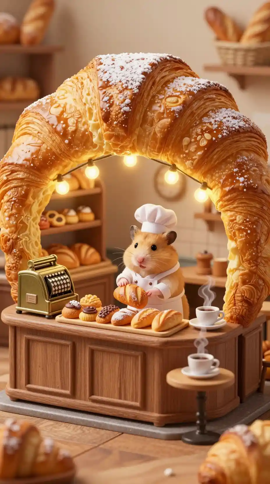 Miniature hamster baker in a croissant bakery scene