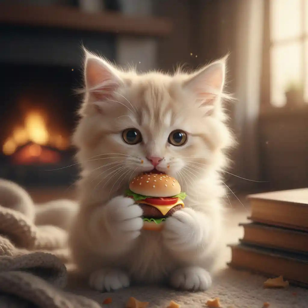 Dolce gattino soffice che si gusta un hamburger nella luce calda