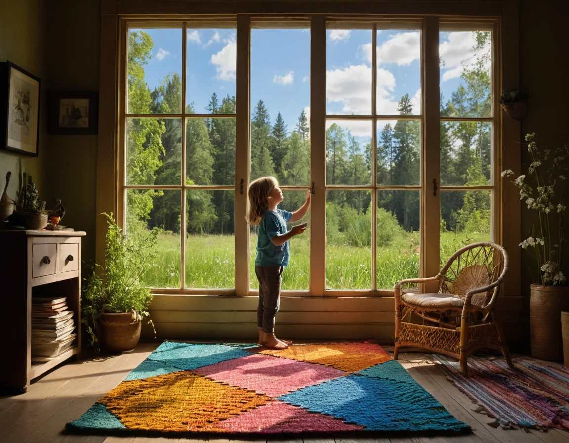 Mother weaving a colorful rug in a quiet room