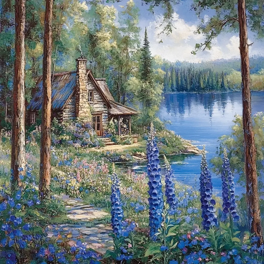 靜謐湖畔松林中的質樸小屋
