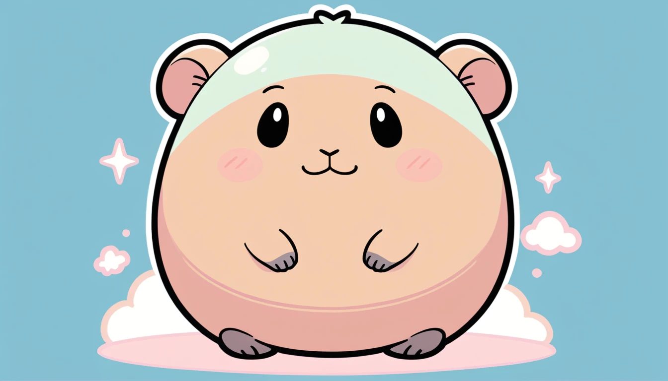 Personagem de capivara fofa sentada calmamente com nuvens em tons pastéis