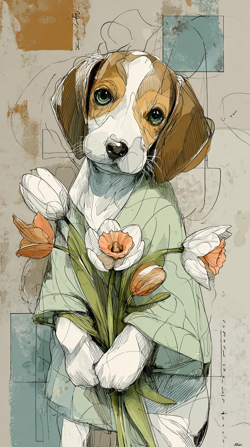 Filhote fofo com buquê de tulipas em ilustração em aquarela