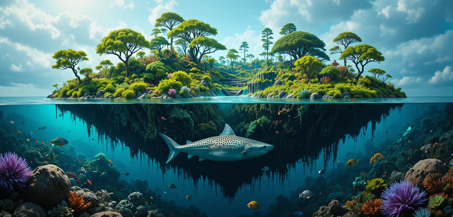 Isla Flotante Surreal Dividida entre Bosque y Vida Marina