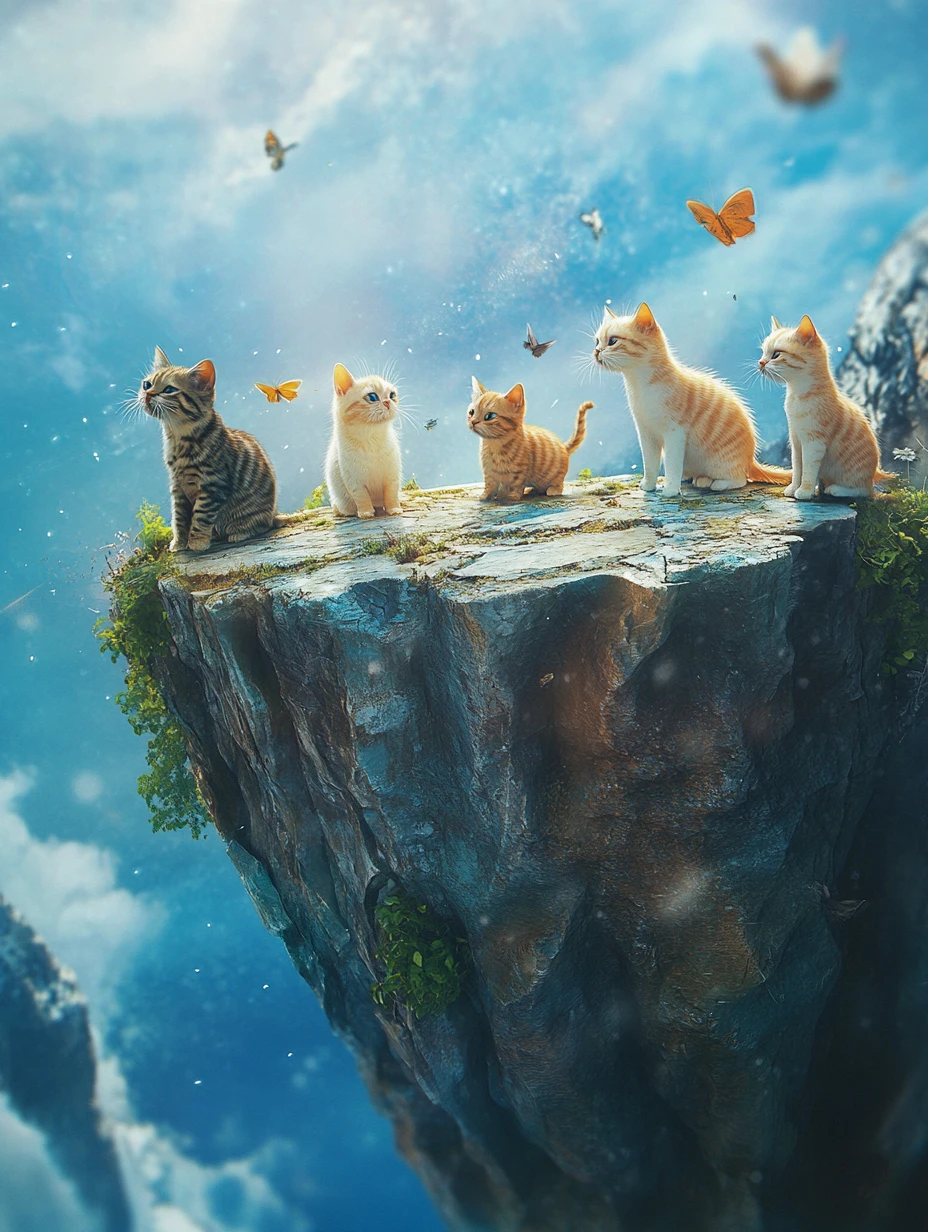 Chat de dessin animé poussant des objets hors du bord du monde plat