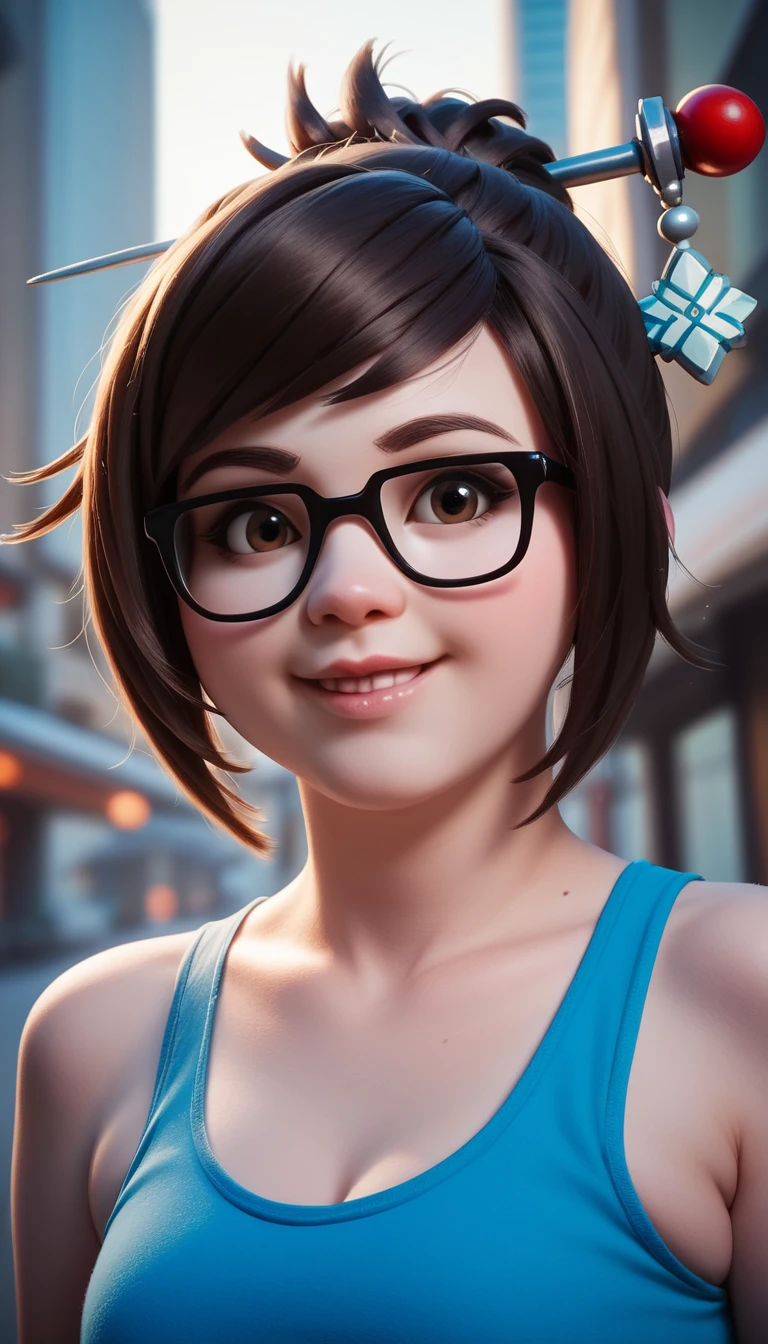 Smiling girl in blue singlet cosplay portrait in city