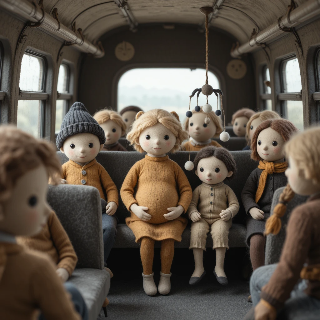 Pregnant wool figure riding a soft felt city bus