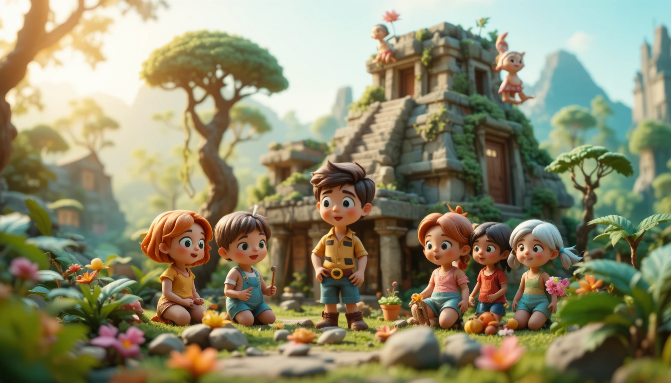 Enfants en argile style Pixar jouant dans une forêt d’été