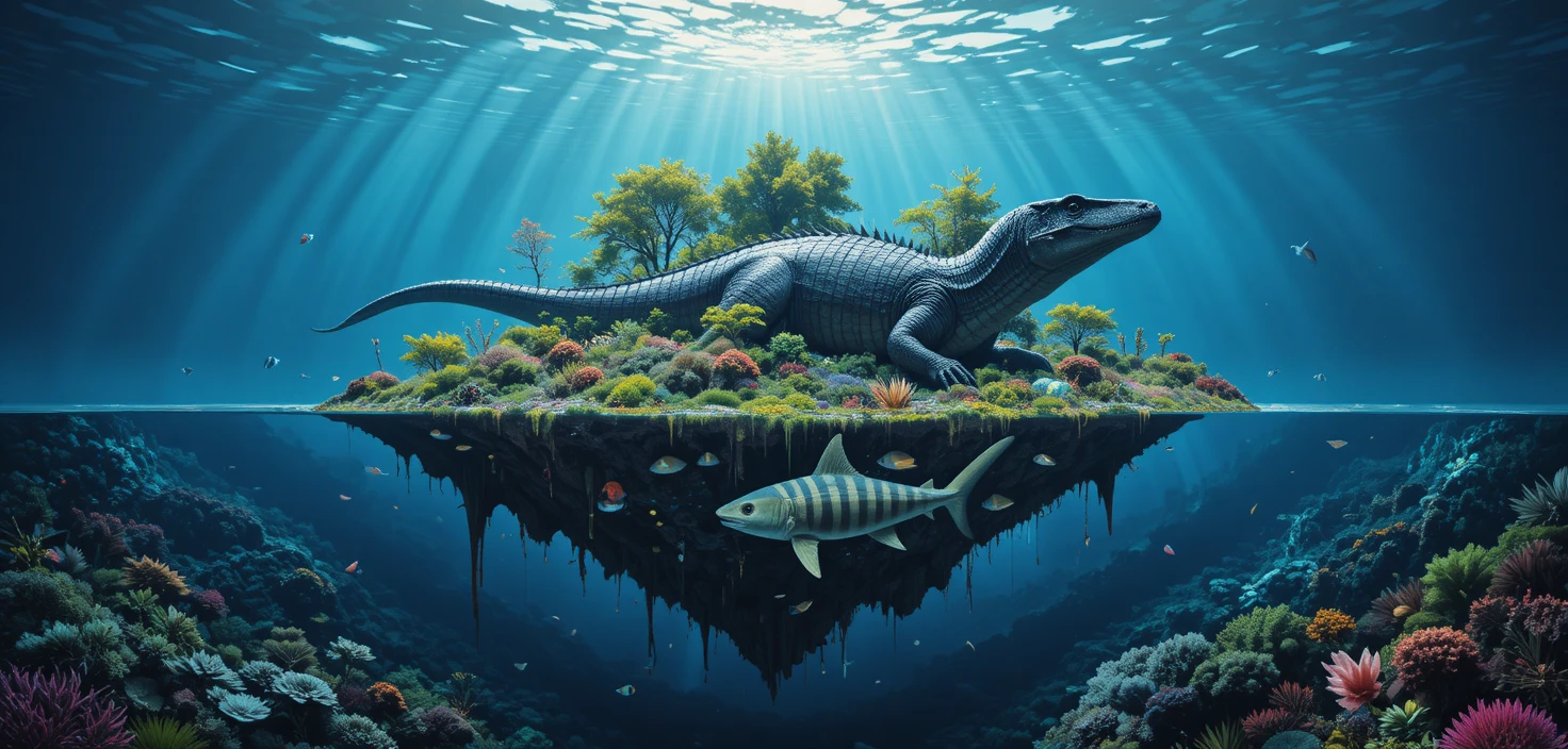 Massives Meeresreptil gleitet durch tiefblaues Ozeanlicht