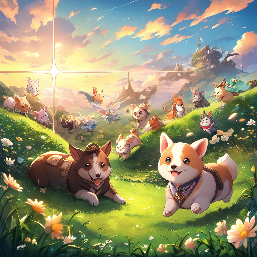 Filhote de corgi brincalhão pulando em um jardim verde ensolarado