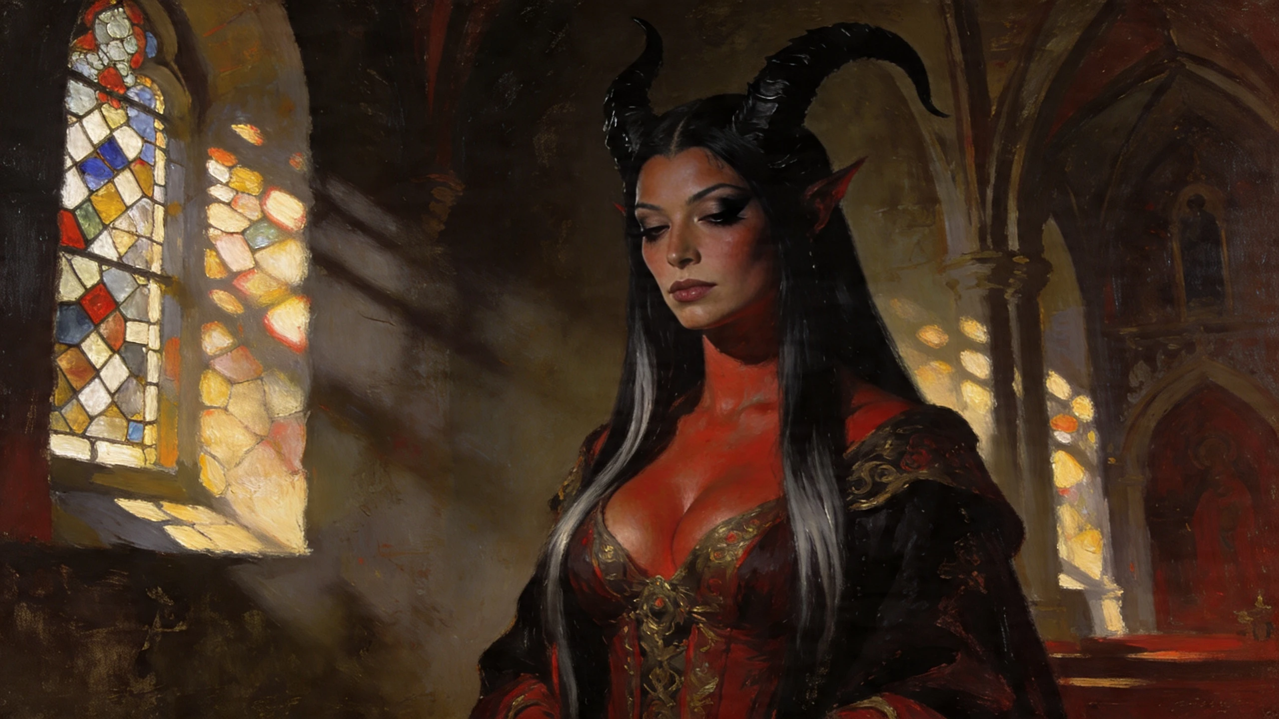 Demonic priestess with horns in a shadowy chapel