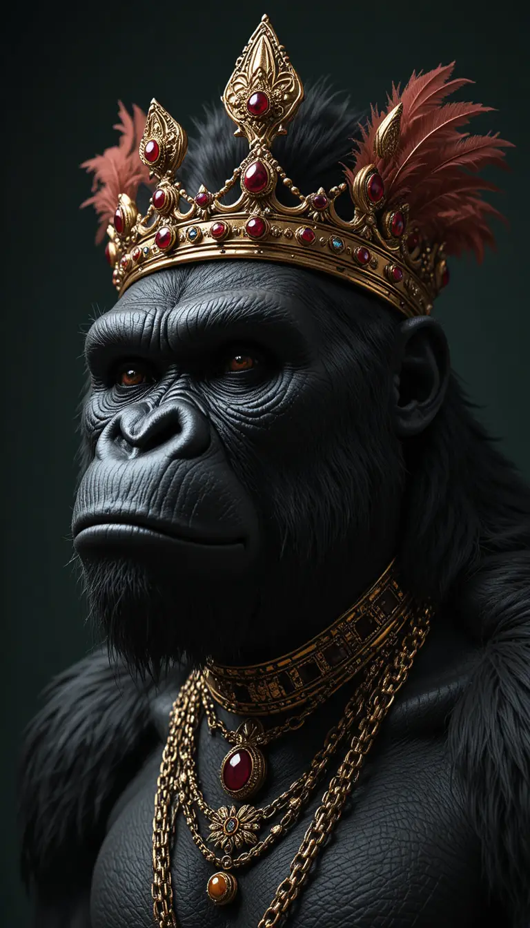 Porträt eines gekrönten Gorillas mit Goldschmuck vor grünem Hintergrund