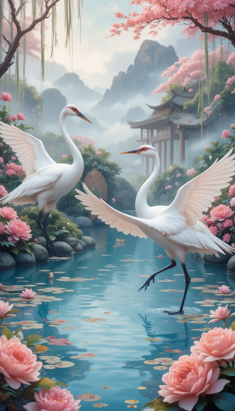 Stille japanische Prinzessin im Seidenkimono an einem blauen Teich