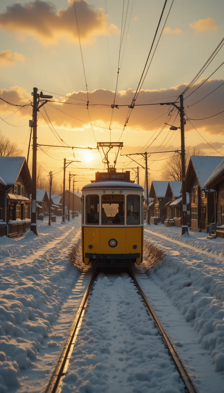 Tramway jaune vintage sur des rails enneigés au coucher de soleil hivernal
