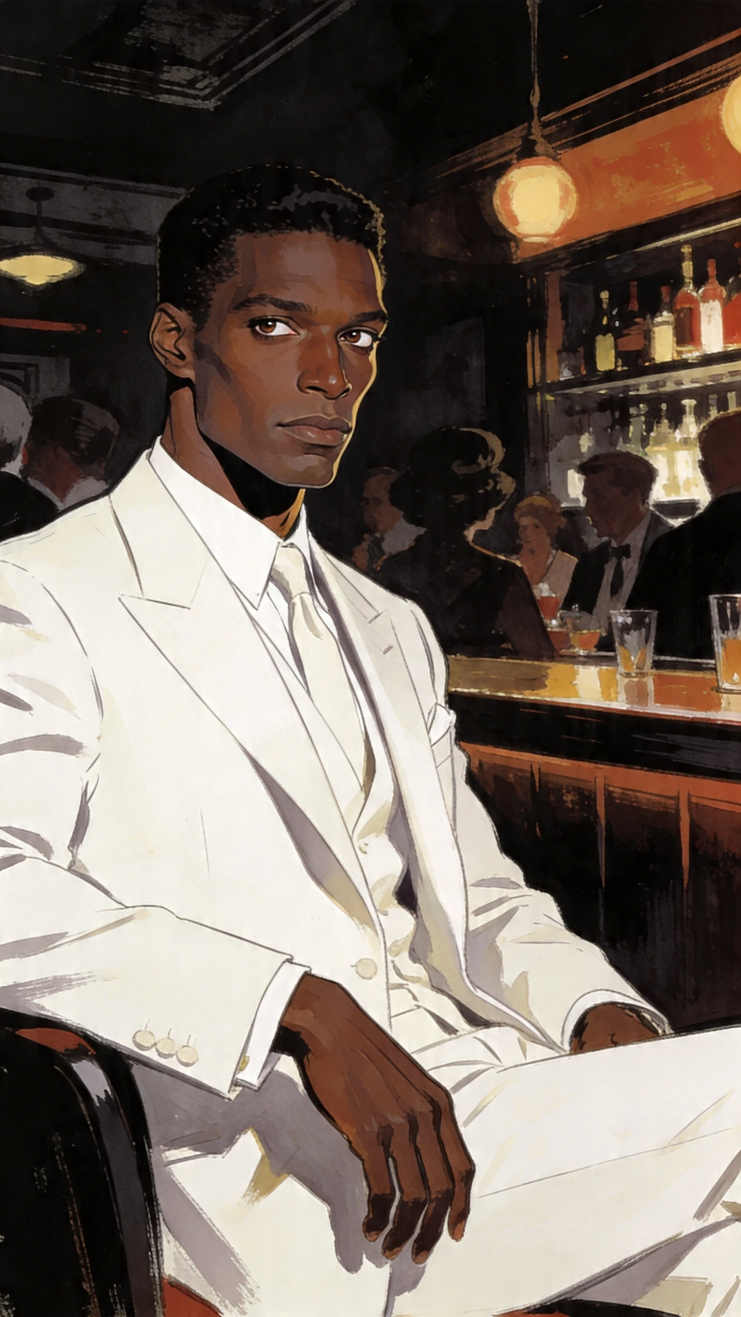 Hombre negro con traje blanco en un bar de estilo noir