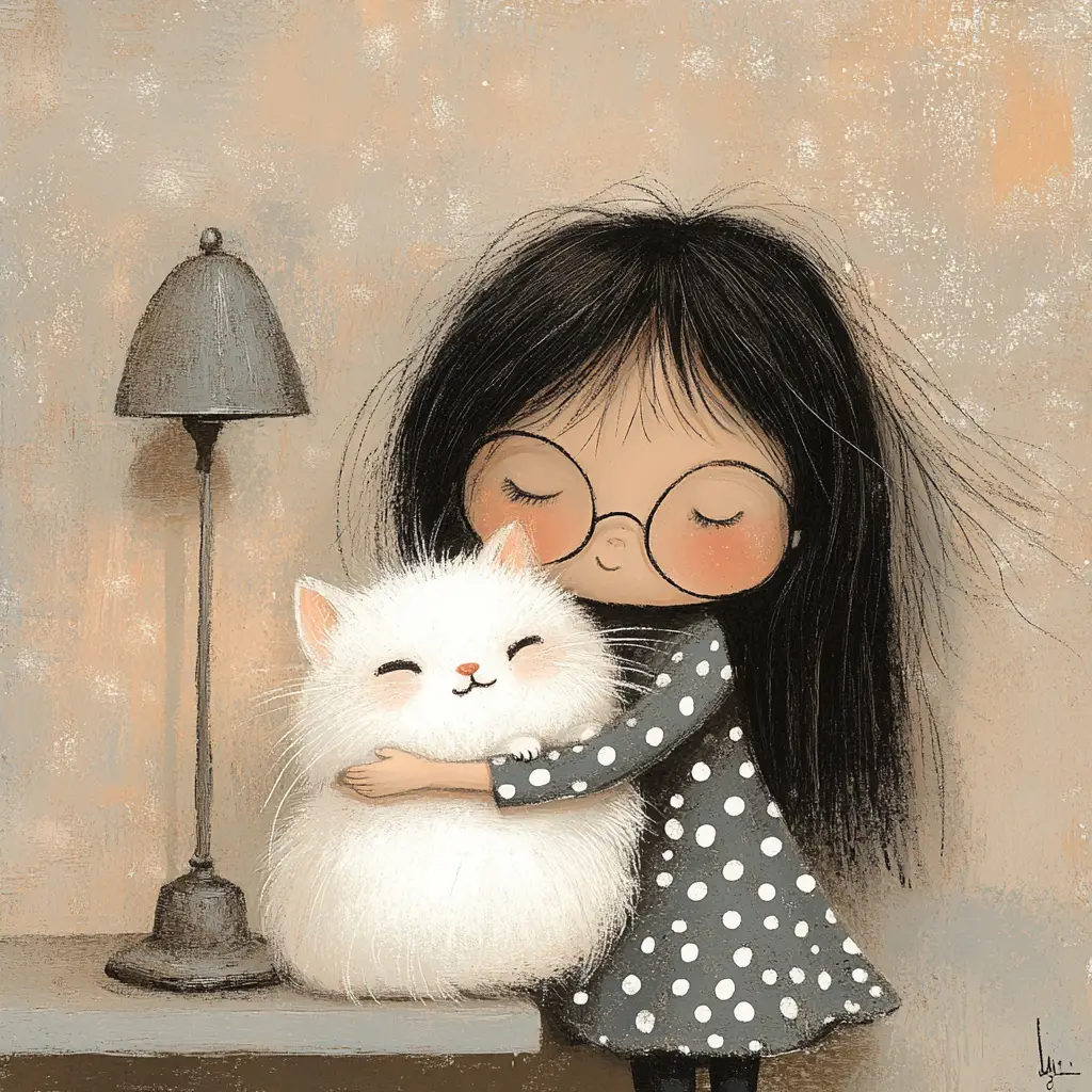 Girl with glasses hugging a fluffy white cat illustration