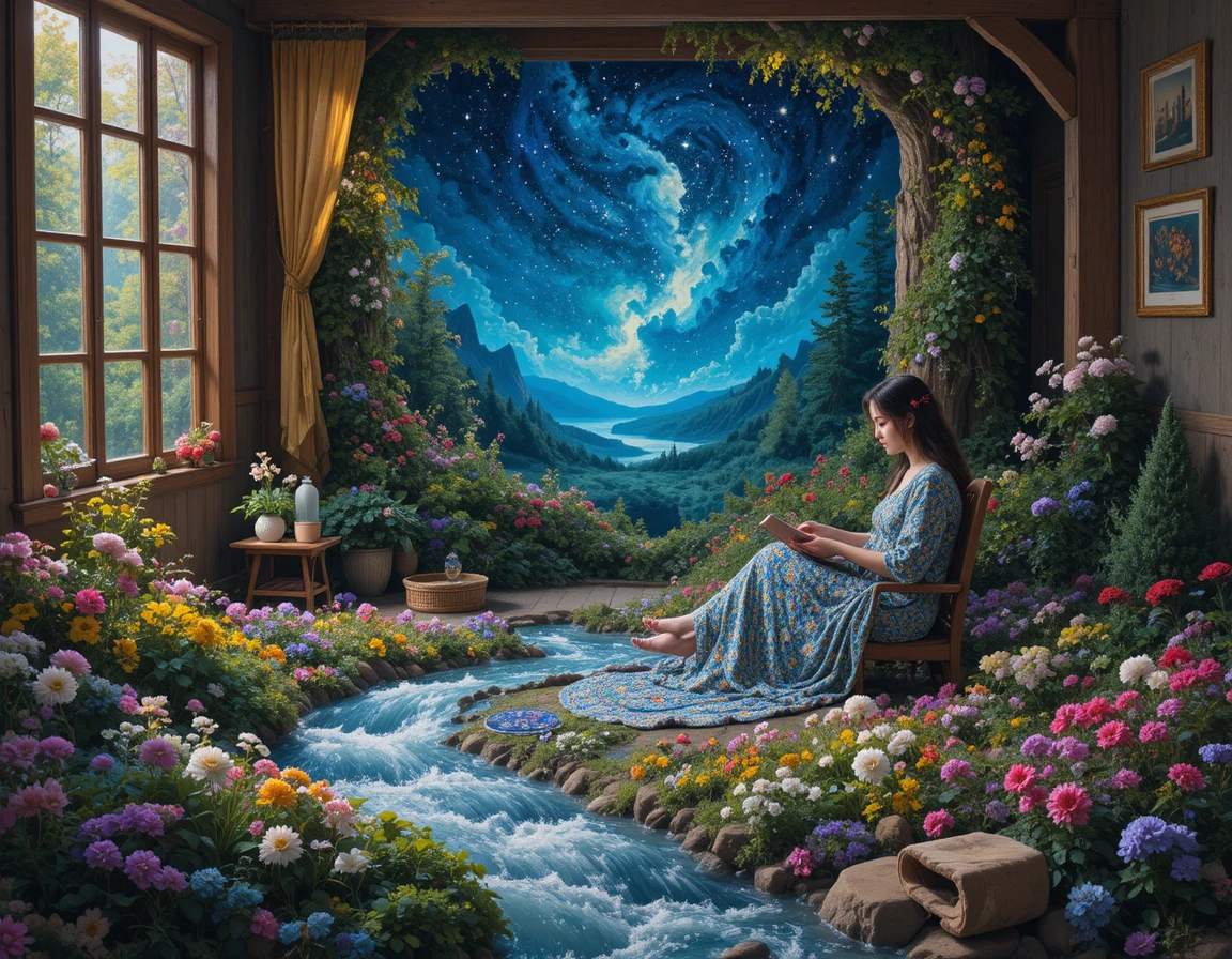 Mother weaving a colorful rug by the riverside window