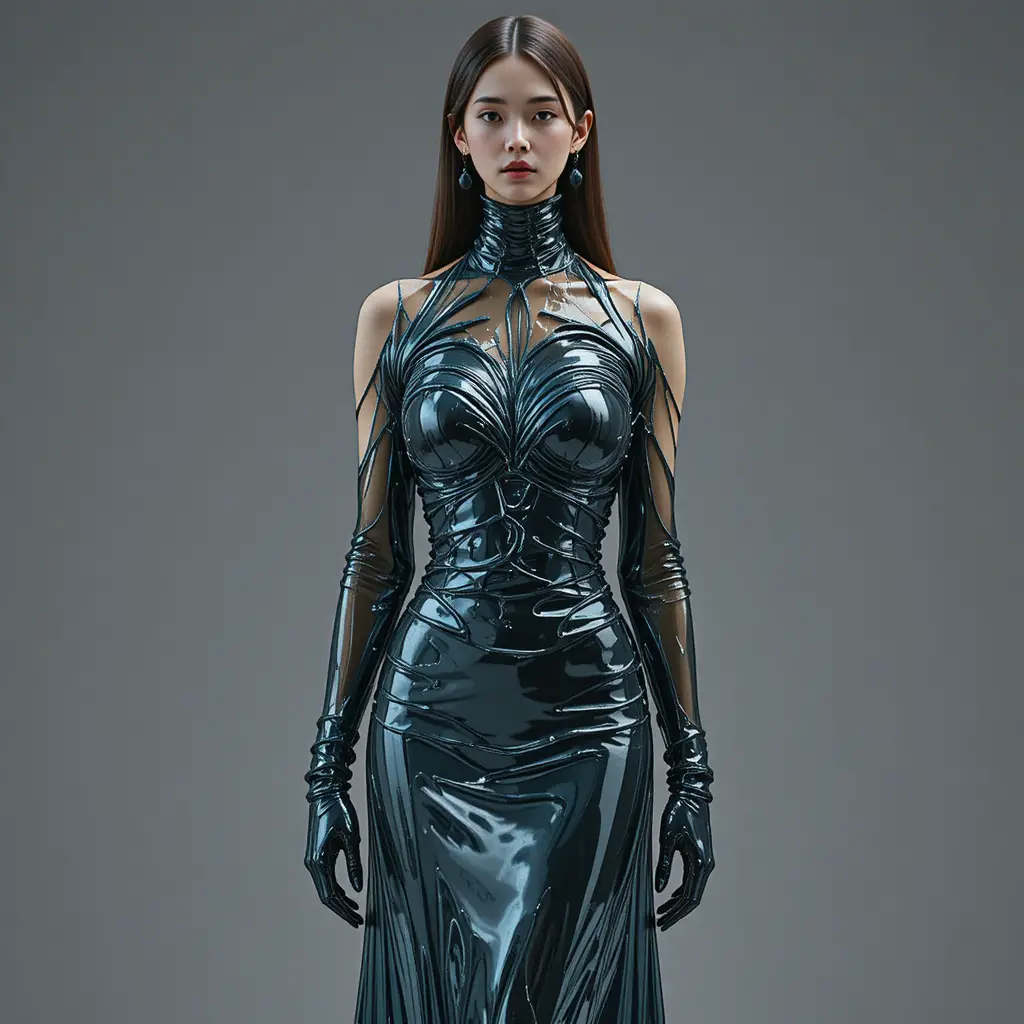 Koreanische Frau in einem schmelzglasartigen Kleid, die langsam entschwindet