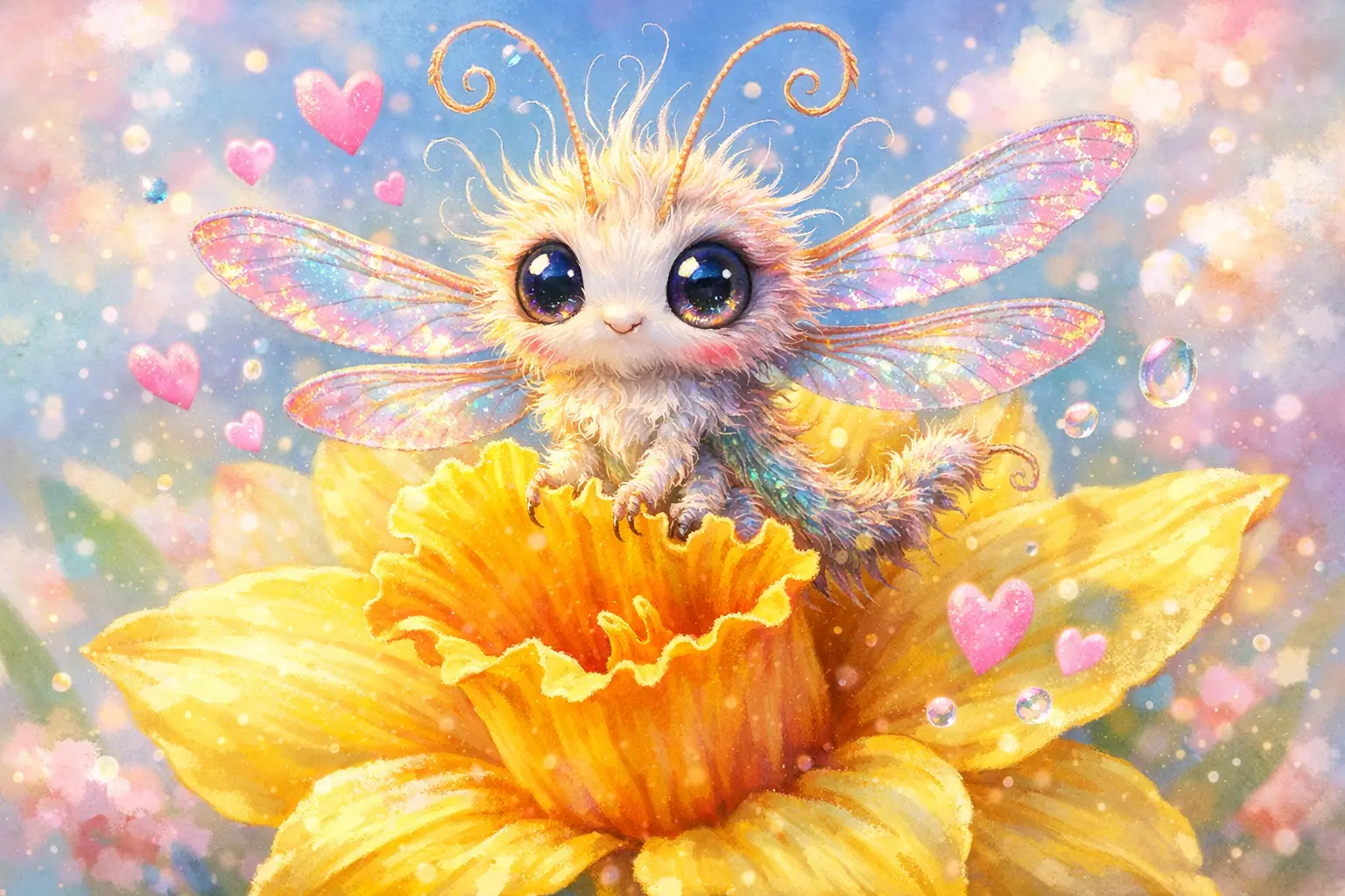 Dolce libellula neonata su un narciso giallo brillante