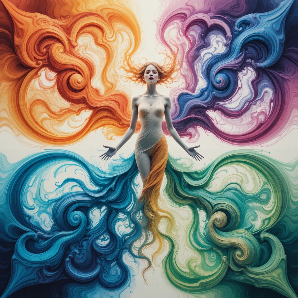 Ethereal woman emerging from swirling elemental colors