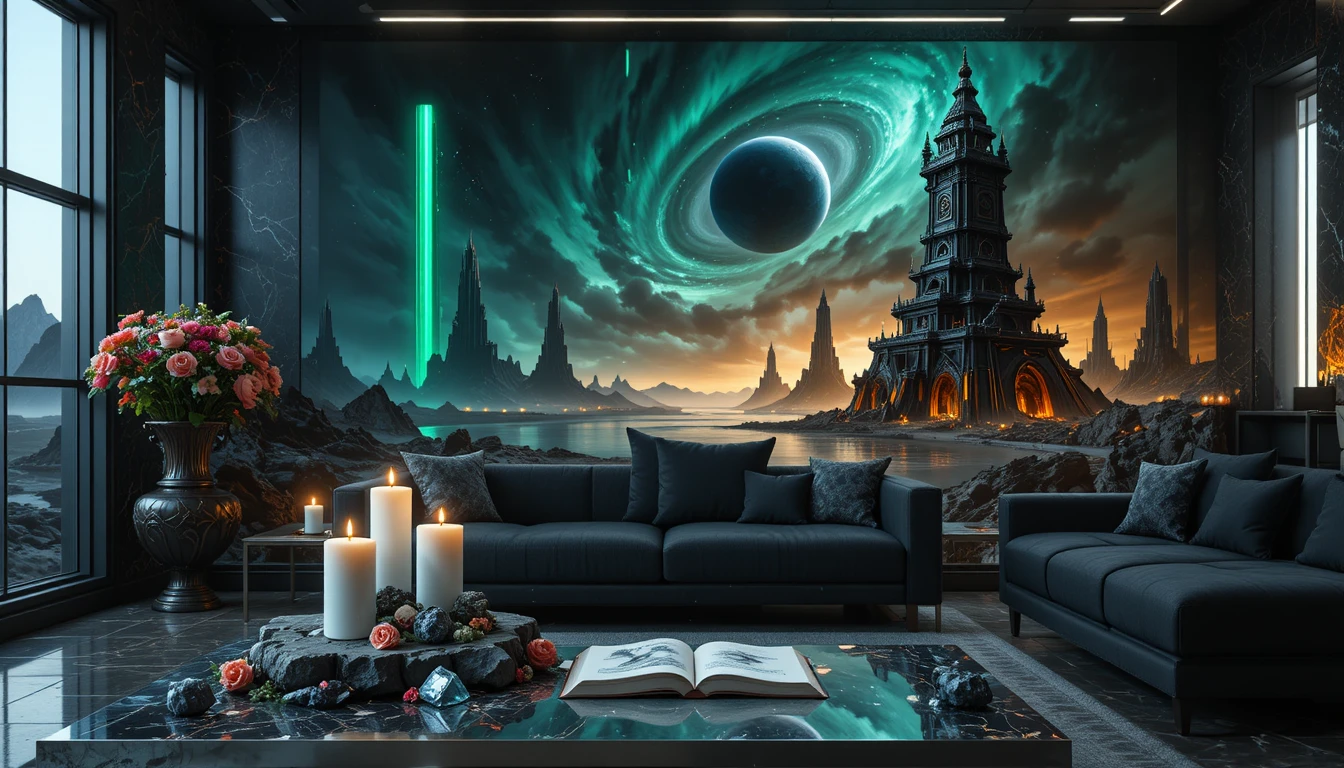 Luxuriöses modernes Wohnzimmer mit schwarzem Sofa und silbernem Tisch