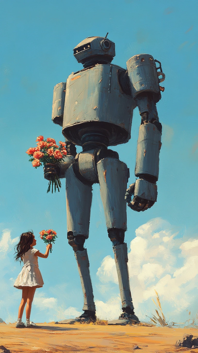 Riesiger Roboter und lächelndes Mädchen, die unter blauem Himmel Blumen teilen