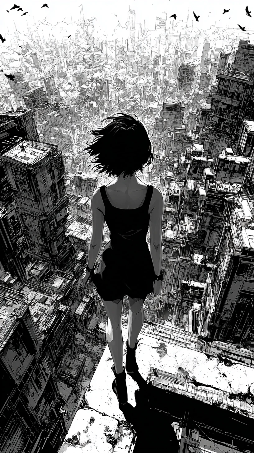 Femme d’anime sur le rebord d’un toit au-dessus d’une ville dystopique