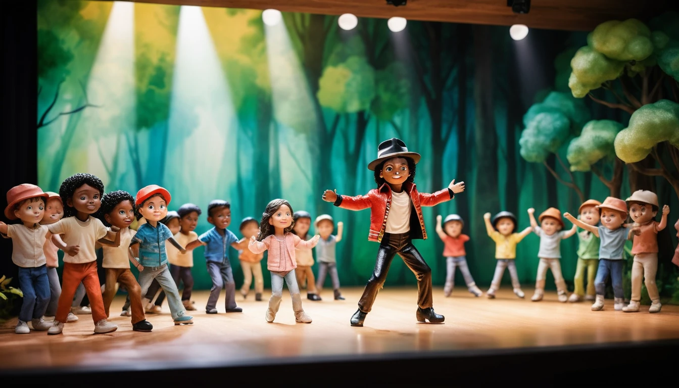Niños felices bailando en una sala de conciertos con personajes de plastilina
