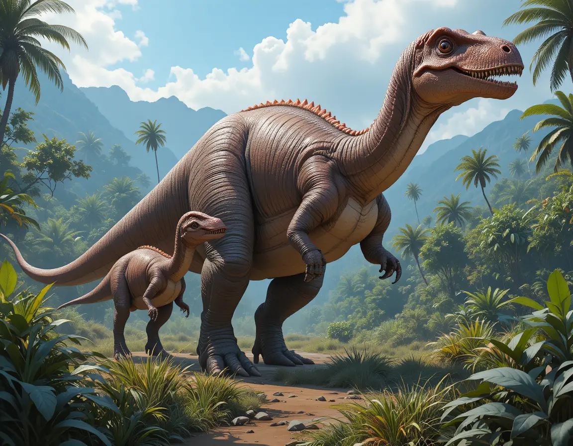 Two giant sauropod dinosaurs crossing a misty prehistoric swamp