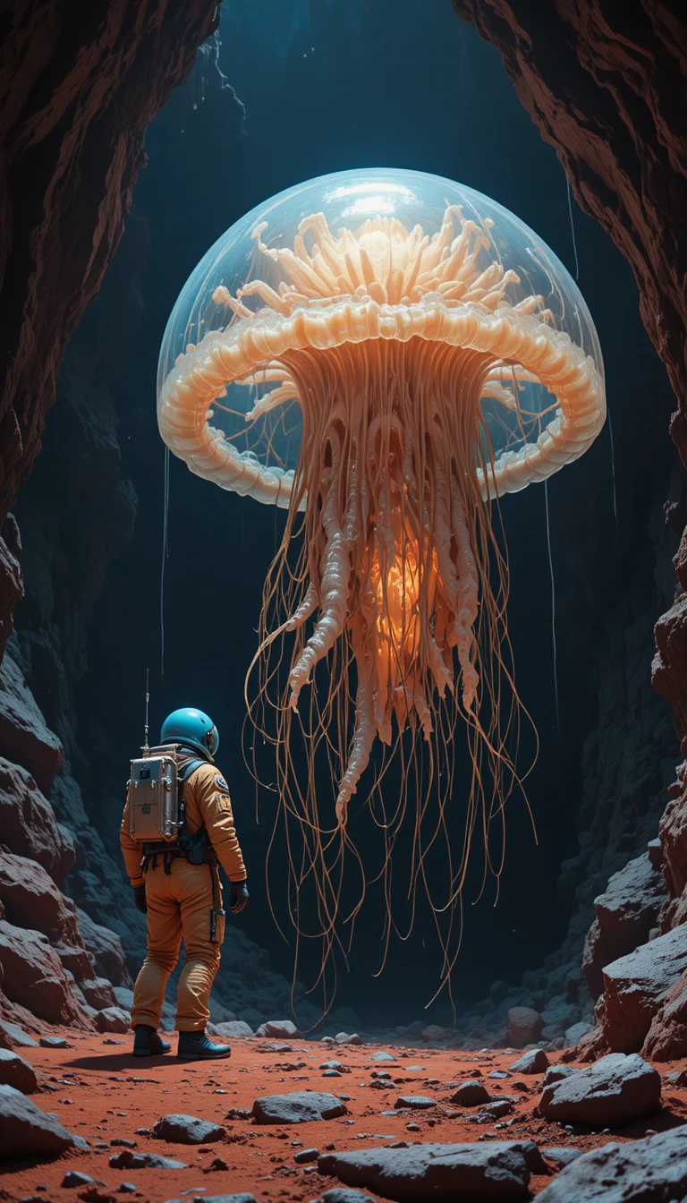 Astronauta di fronte a una gigantesca medusa luminosa in una grotta rocciosa aliena