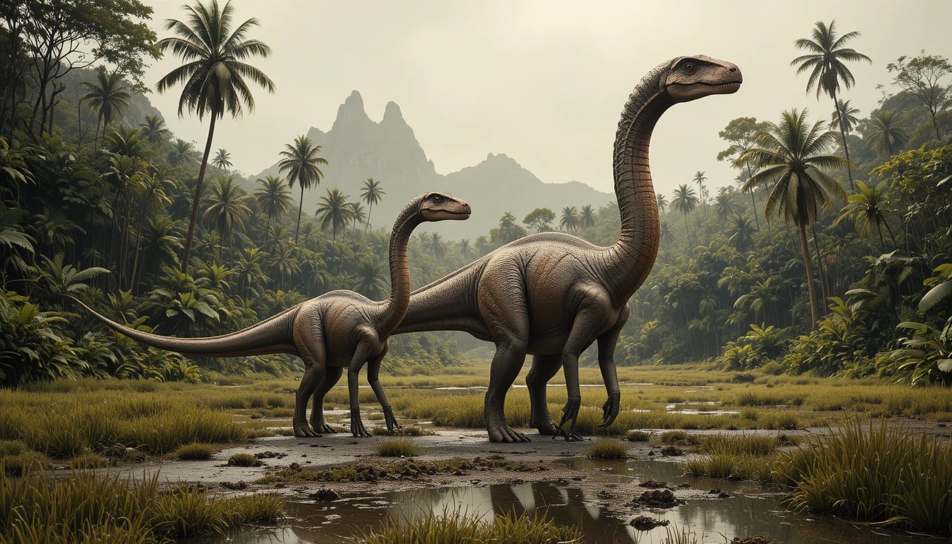 Dois dinossauros saurópodes caminham por um pântano de selva enevoado