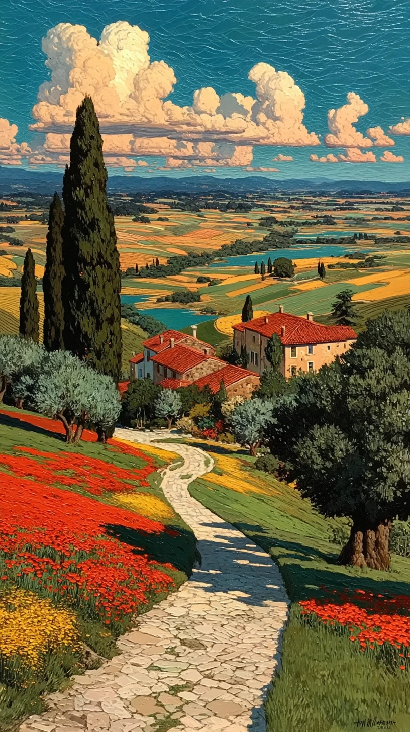Idyllic French countryside painting at golden hour