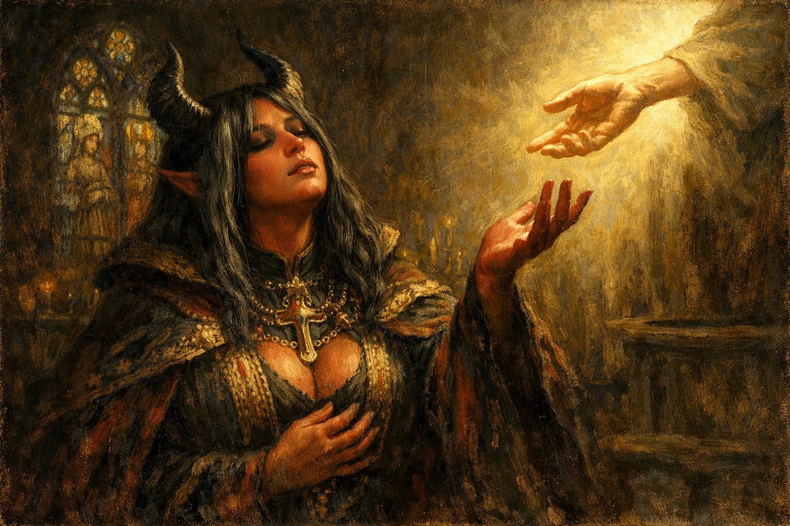 Sacerdotisa demoníaca contemplando la luz redentora en la capilla