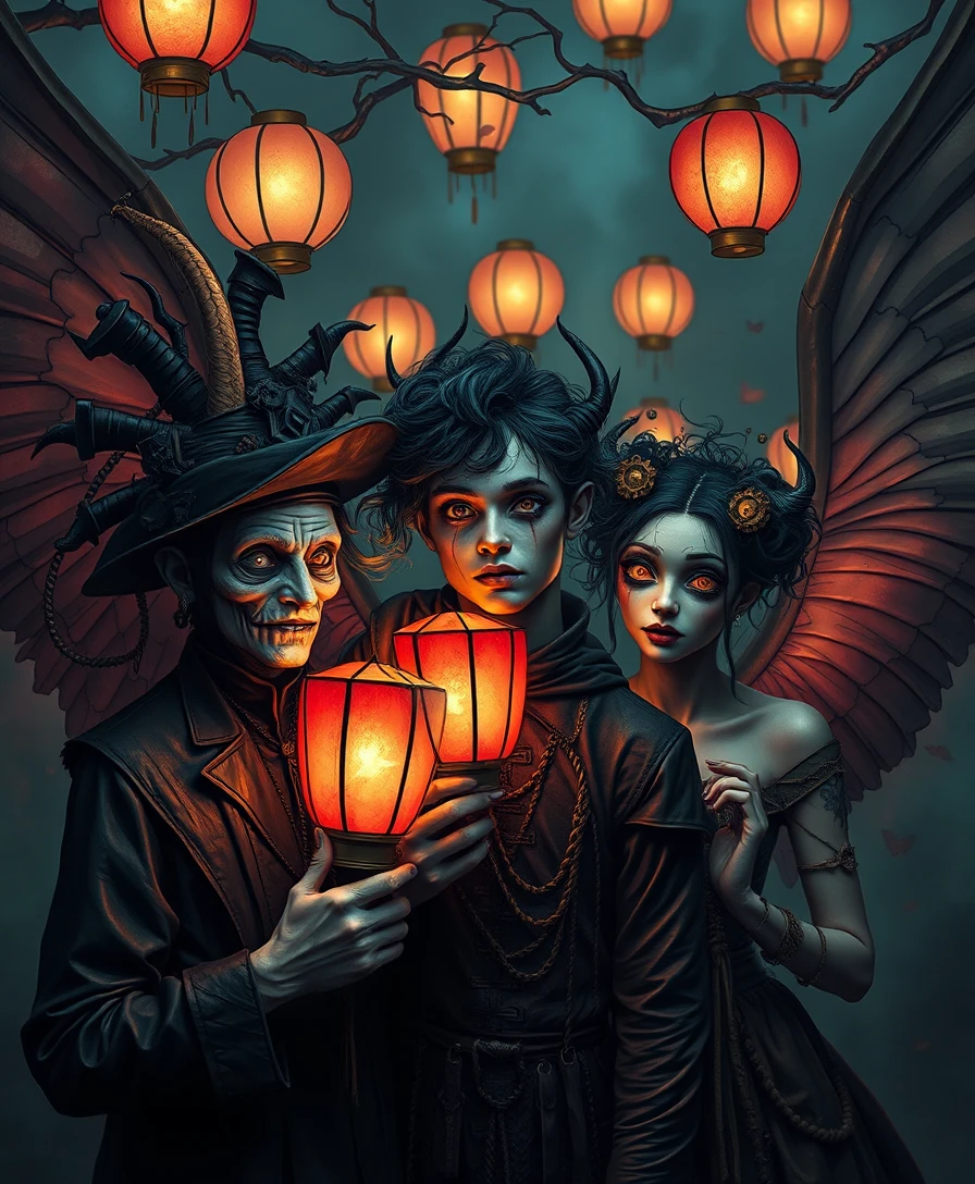 Personnages surréalistes et fantasques aux ailes-lanternes lumineuses
