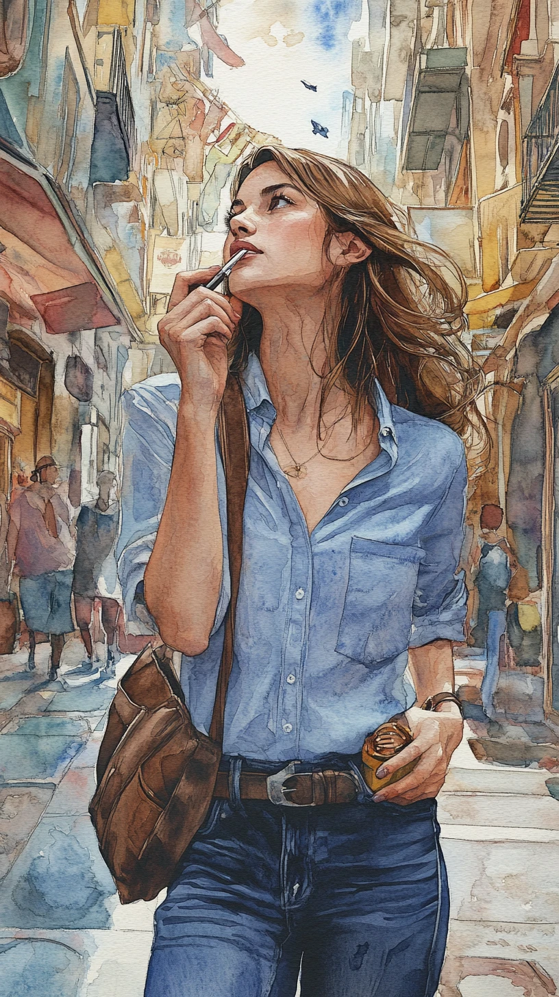 Mulher em rua da cidade segurando caneta em estilo aquarela