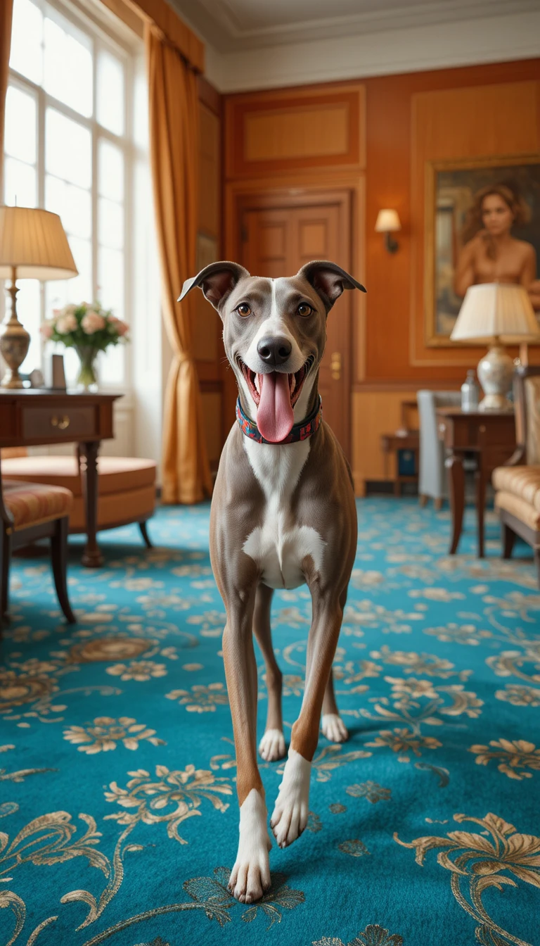 Galgo alegre correndo pelo quarto de hotel com carpete verde-azulado