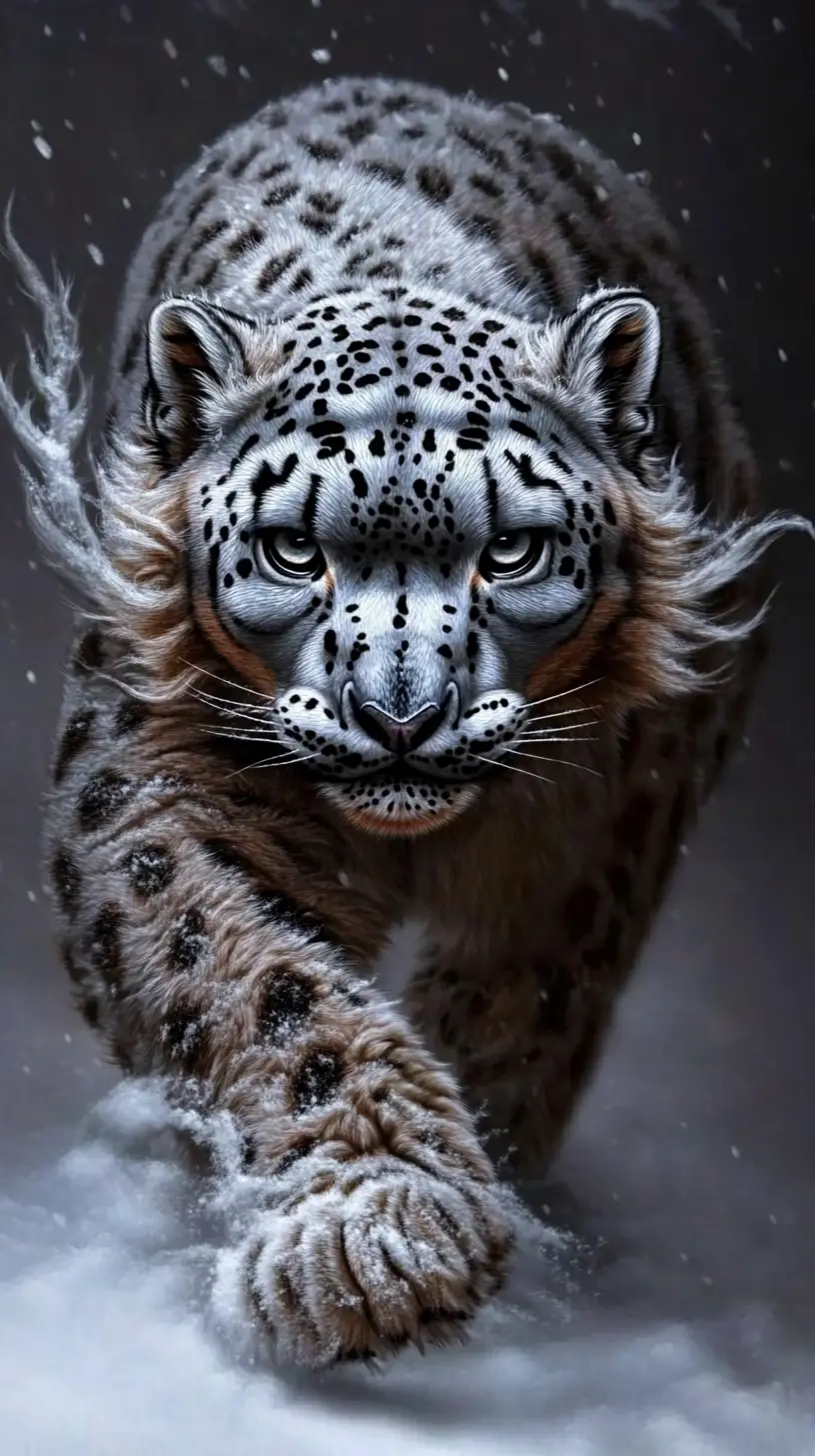 Snow leopard resting quietly in a misty mountain scene