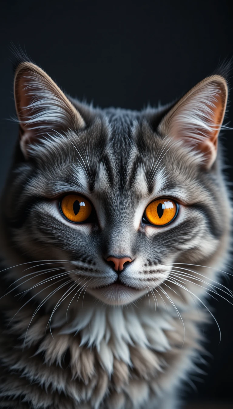 Gato tigrado cinza intenso com olhos laranja marcantes