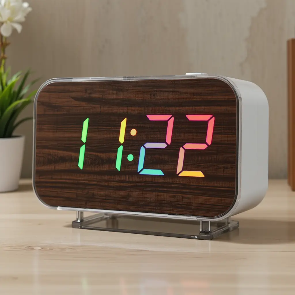 Curved wood grain digital alarm clock with rgb led display