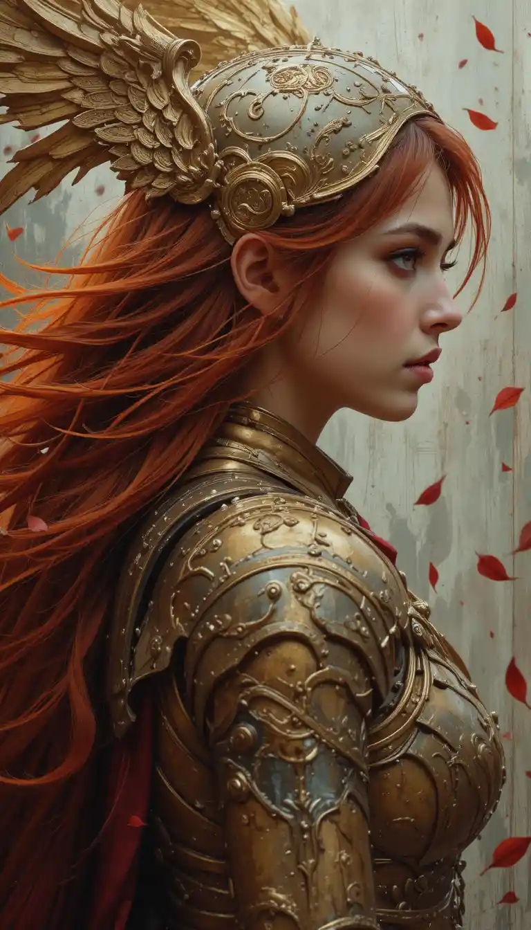 Determined red haired warrior woman in gold armor profile portrait