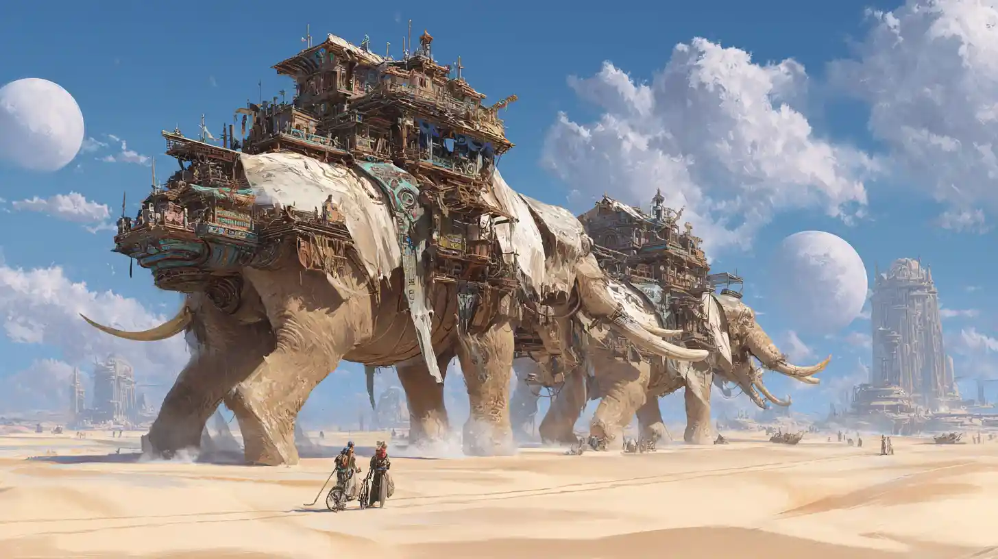 Cité caravane nomade voyageant à travers un désert extraterrestre