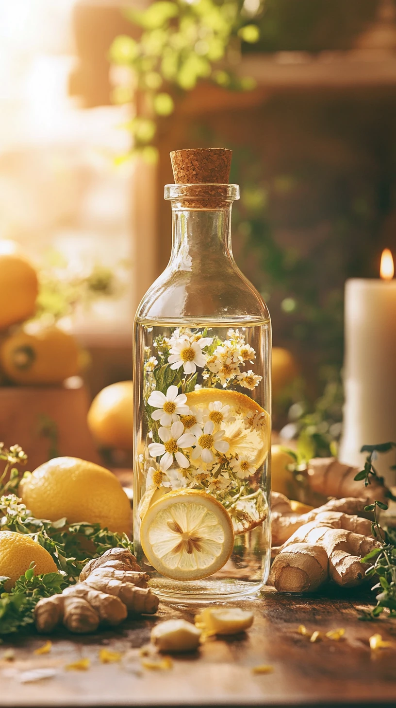 Glass bottle with lemon water and flowers on rustic table