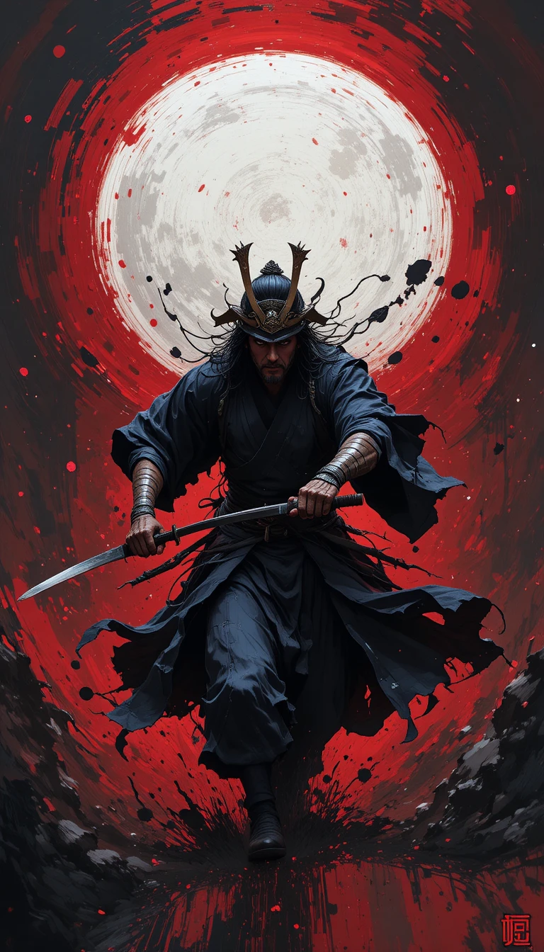 Samurai avançando sob uma lua abstrata e brilhante